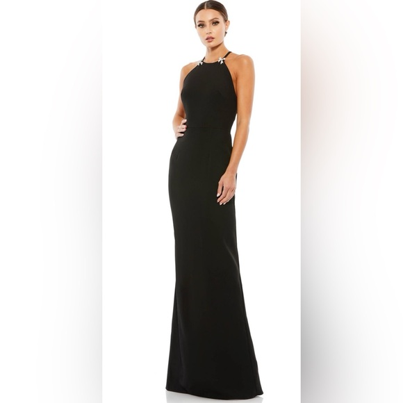 NWT Ieena for Mac Duggal Black Halter Column Gown with Rhinestone Bow Accent - Picture 5 of 11